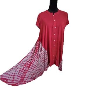 Entro Dress Womens L Red Tie Dye Button Front Swing Shirt Trapeze Boho Casual